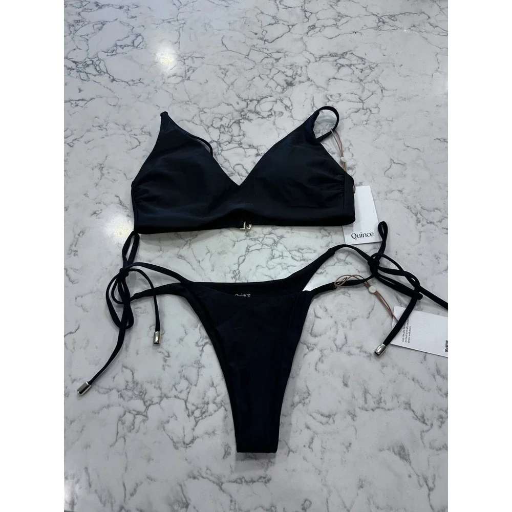 NWT Quince Black Italian V Neck Bikini Top & Adjustable Side-Tie Bikini Bottom S